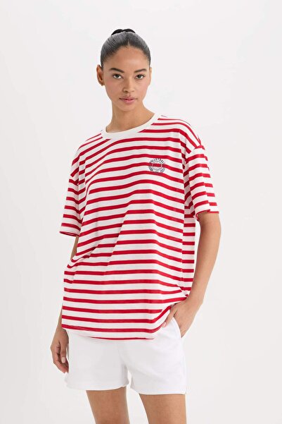 DeFacto DeFactoFit Oversize Wide Fit Crew Neck ριγέ αθλητικό κοντομάνικο μπλουζάκι E2782AX25SM