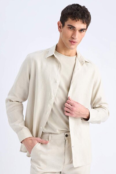 DeFacto 100% Linen Regular Fit Polo Neck Summer Long Sleeve Shirt D9925Ax25Sp