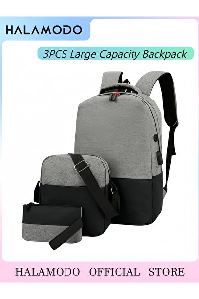 HALAMODO 3 Pieces Set of Simple Computer Bag Large Capacity Backpack with USB Charging Port Grey