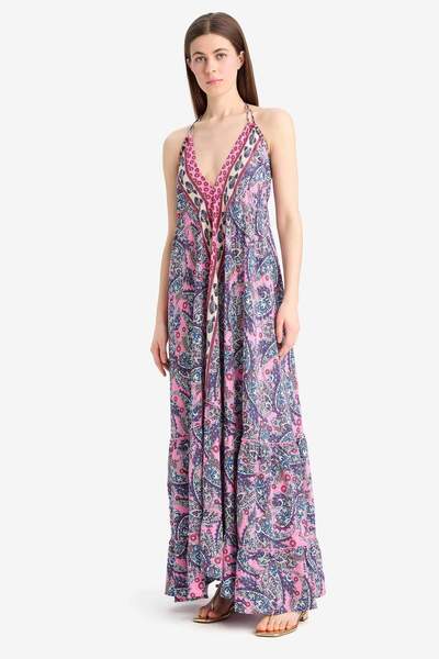 DeFacto Regular Fit Etnik Desenli Boyundan Bağlamalı Maxi Plaj Elbisesi-Fall in Love E4581AX25SM