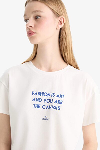 DeFacto Λευκό μπλουζάκι με κοντό μανίκι με στάμπα Cool Regular Fit F5074AX25SM