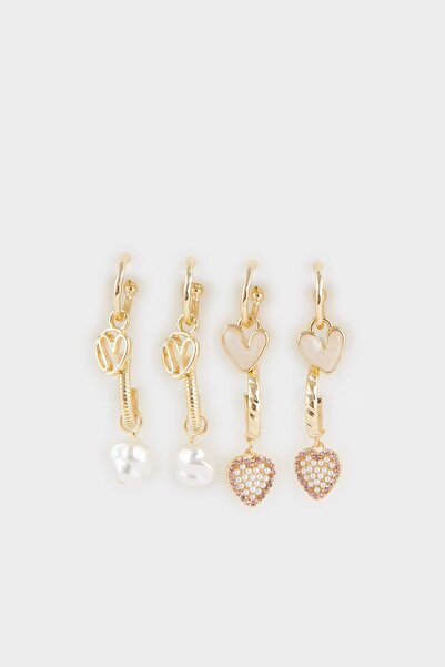 DeFacto Women's 4-Piece Heart Detailed Gold Earrings F0730Axns