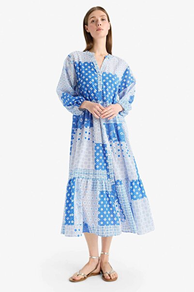 DeFacto Rochie de plajă din voile cu mânecă lungă cu imprimeu tropical-Fall in Love E7745AX25SP