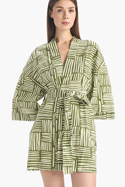 DeFacto Regular Fit Desenli Kuşaklı Pamuklu Kimono-Fall in Love D0453AX25SP
