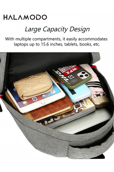 HALAMODO 3 Pieces Set of Simple Computer Bag Large Capacity Backpack with USB Charging Port Grey