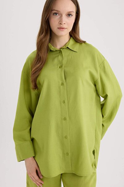 DeFacto Relax Fit Keten Karışımlı Uzun Kollu Gömlek Tunik D8183AX25SP