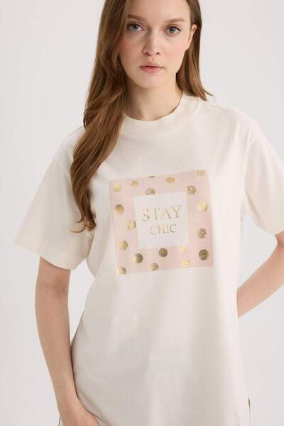 DeFacto Relax Fit Crew Neck Printed Short Sleeve T-Shirt Tunic E0113Ax25Sp