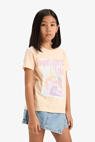 DeFacto Girls' Crew Neck Printed Short Sleeve T-Shirt E0350A825Sm