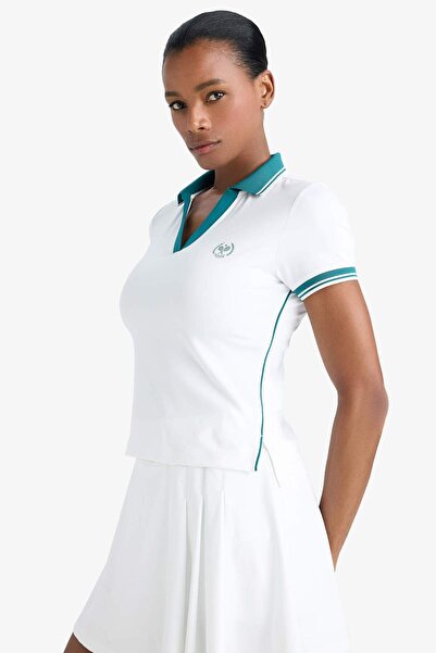 DeFacto Tricou alb cu mânecă scurtă pentru sport, cu guler polo, cu imprimeu standard DeFactoFit E4310AX25SM