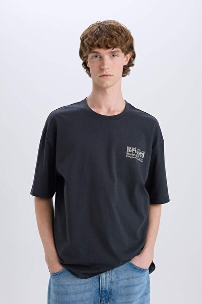 DeFacto Μπλουζάκι με κοντό μανίκι με στάμπα στην πλάτη, 100% βαμβάκι, φαρδιά εφαρμογή, με λαιμόκοψη E3799AX25SM