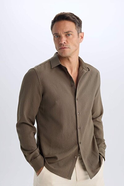 DeFacto Modern Fit Polo Yaka Dokulu Esnek Kumaş Uzun Kollu Gömlek D7246AX25SP