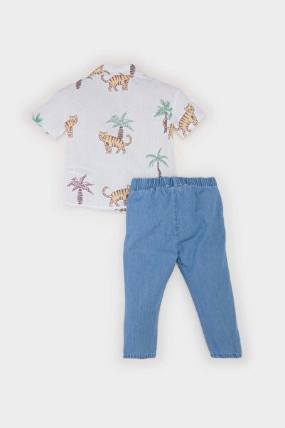 DeFacto Erkek Bebek 2li Takım Desenli Flamlı Poplin Kısa Kollu Gömlek Beli Lastikli Jean Pantolon E7725A525S