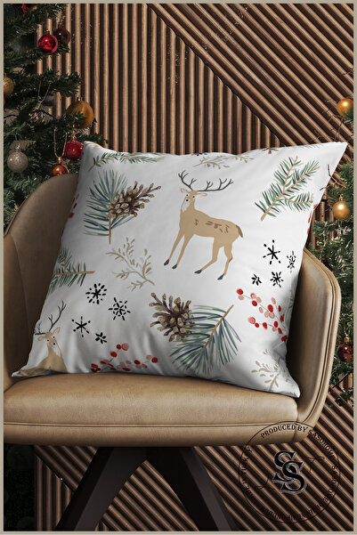 SasoHome Pinecones and Deers Patterned Digital Printed Throw Pillow Cover
