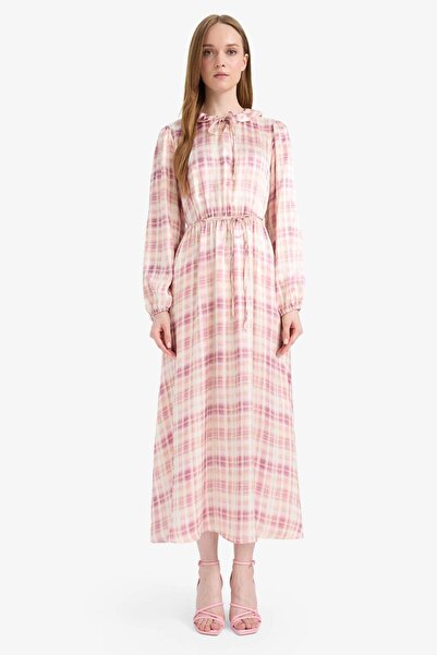 DeFacto Regular Fit Gömlek Yaka Desenli Saten Uzun Kollu Maxi Elbise F2725AX25SM