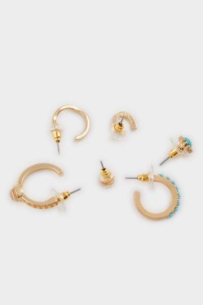 DeFacto Kadın Mavi Taşlı 6lı Gold Küpe E4513AXNS