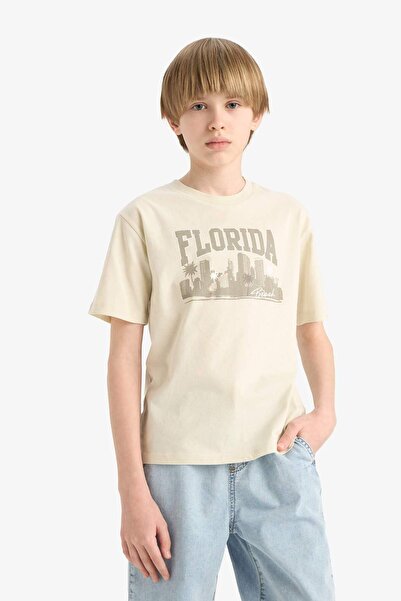 DeFacto Tricou cu mânecă scurtă imprimat cu gât rotund pentru băieți E6320A825HS