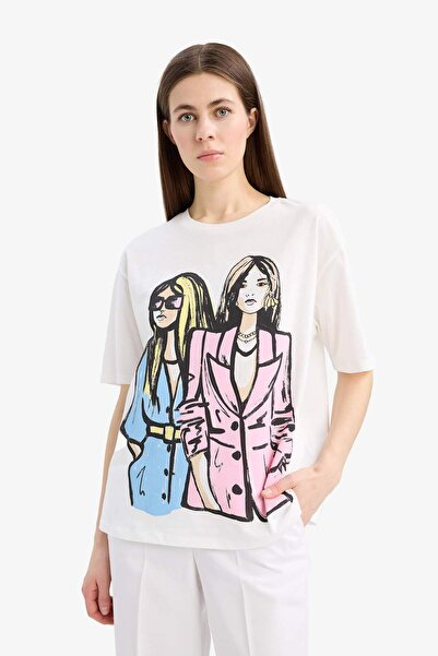 DeFacto Μπλουζάκι Relax Fit Crew με λαιμόκοψη για κορίτσια με εμπριμέ χτενισμ...