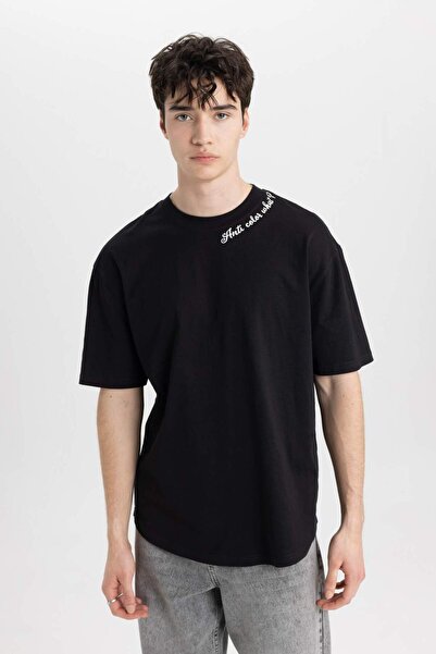 DeFacto %100 Pamuk Boxy Fit Bisiklet Yaka Baskılı Kısa Kollu Tişört C2135AX25SM