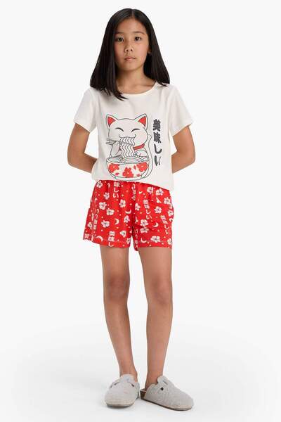 DeFacto Girls' Pajama Set Printed Short Sleeve Top Patterned Shorts E0530A825Hs