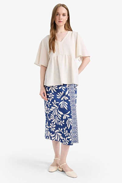 DeFacto Regular Fit V Neck Linen Blend Short Sleeve Blouse E7336Ax25Sm