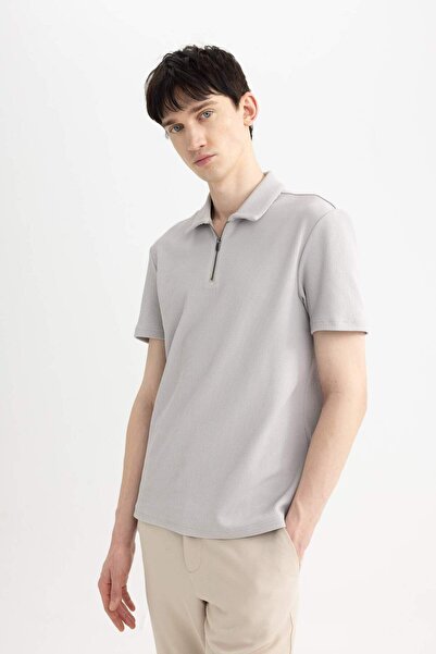DeFacto Regular Fit Polo Neck Half Zip Short Sleeve Pleated T-Shirt B7355Ax25Sp