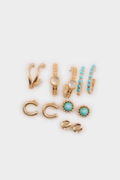 DeFacto Kadın Mavi Taşlı 6lı Gold Küpe E4513AXNS