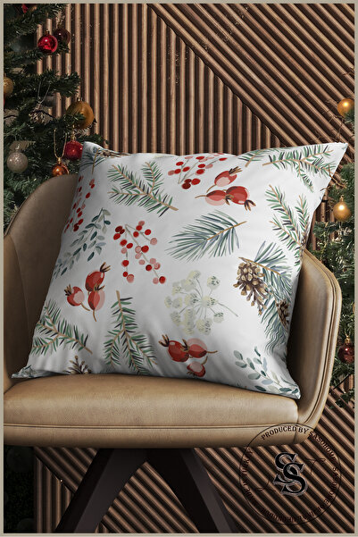 SasoHome Husă de pernă imprimată digital cu model de afine, păducel și frunze de iarnă