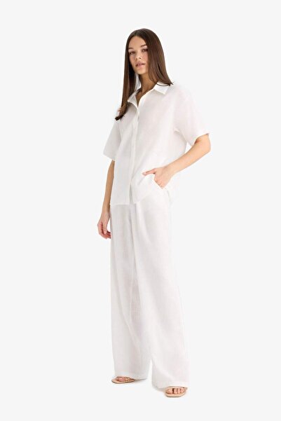 DeFacto Wide Leg High Elastic Waist White Palazzo Pants with Pockets A9129Ax25Sm