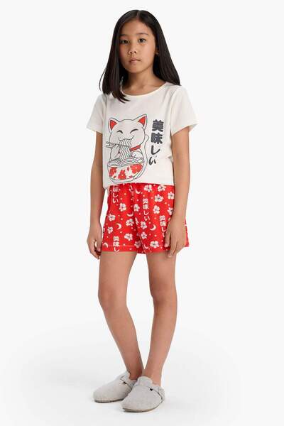 DeFacto Girls' Pajama Set Printed Short Sleeve Top Patterned Shorts E0530A825Hs
