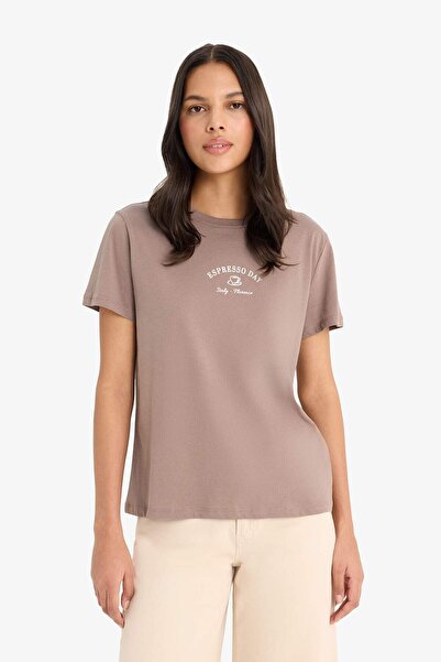 DeFacto Μπλουζάκι με κοντό μανίκι από χτενισμένο βαμβάκι με στάμπα Relax Fit Crew Neck F2093AX25SM