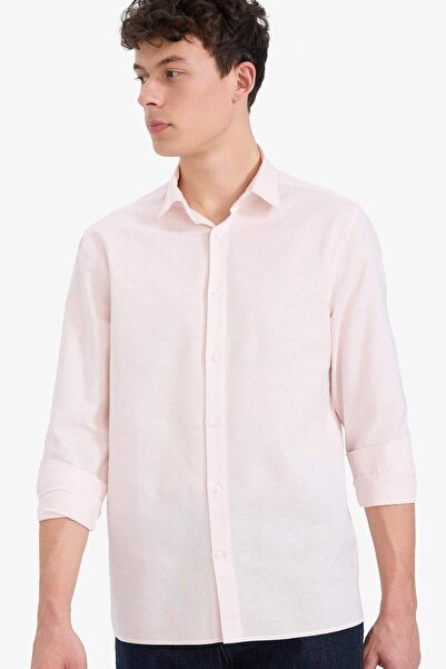DeFacto Regular Fit Polo Yaka Keten Yazlık Uzun Kollu Gömlek E1729AX25SP