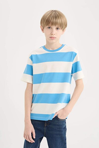 DeFacto Μπλουζάκι με ριγέ κοντομάνικο μπλουζάκι για αγόρια D7867A825SM