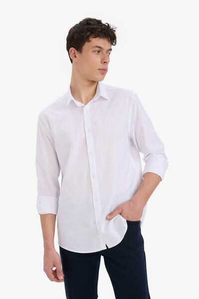 DeFacto Regular Fit Polo Yaka Keten Yazlık Uzun Kollu Beyaz Gömlek E1729AX25SP