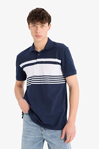 DeFacto Μπλουζάκι με κοντό μανίκι με ριγέ λαιμόκοψη από 100% βαμβάκι D7600AX25SP