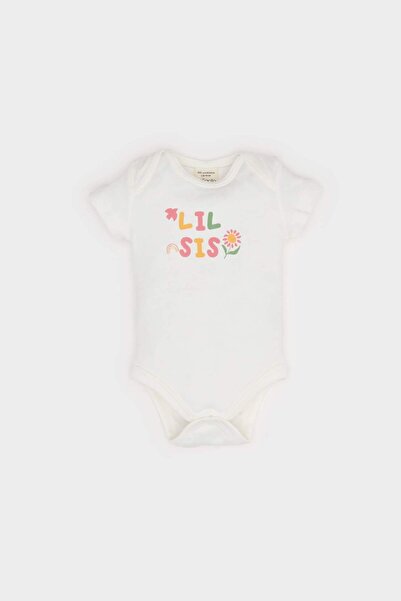 DeFacto Baby Girl Newborn Crew Neck Printed Ribbed Short Sleeve Snap Closure Bodysuit E8244A525Sm