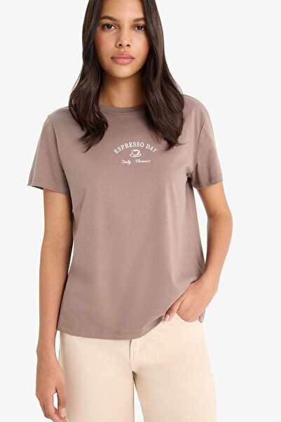 DeFacto Μπλουζάκι με κοντό μανίκι από χτενισμένο βαμβάκι με στάμπα Relax Fit Crew Neck F2093AX25SM