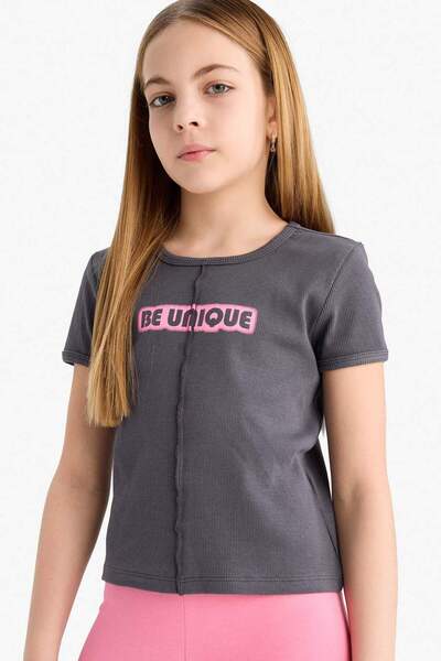DeFacto Girl's T-Shirt - Fitted Crew Neck Printed Ribbed Camisole Short Sleeve