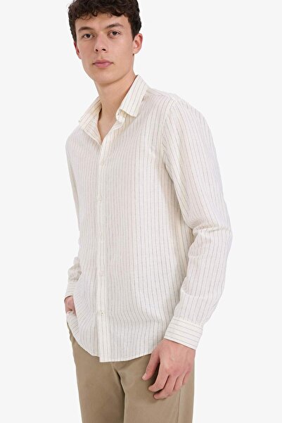 DeFacto Regular Fit Polo Yaka Çizgili Keten Yazlık Uzun Kollu Gömlek E1730AX25SP