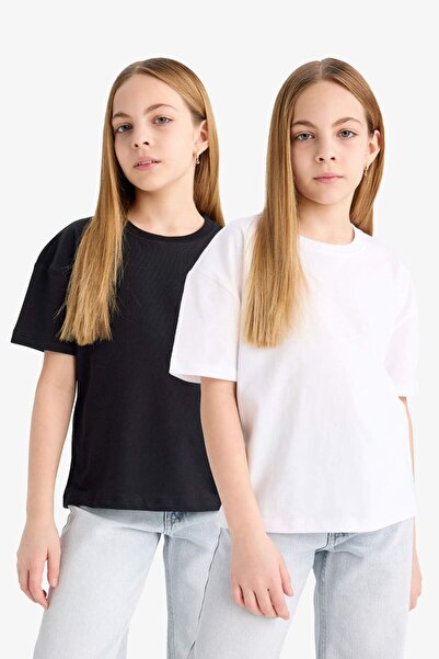 DeFacto Relax-Fit-Basic-T-Shirt mit Rundhalsausschnitt und kurzen Ärmeln für Mädchen, 2-teilig, D9431A825SM