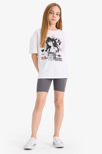 DeFacto Girls 2Pcs Set Printed Short Sleeve T-Shirt Biker Leggings E5694A825Hs