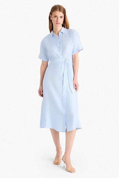 DeFacto Rochie midi de vară cu mânecă scurtă, cu guler cămașă, cu curea F2113AX25SM