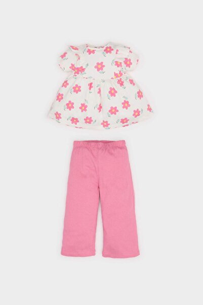 DeFacto Baby Girl 2-Piece Set Floral Short Sleeve Blouse Elastic Waist Pants E8441A525Sm