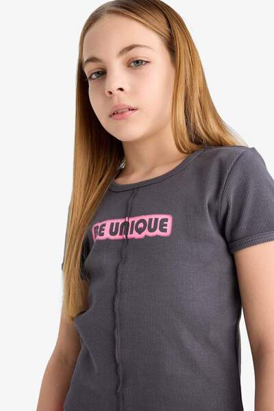 DeFacto Girl's T-Shirt - Fitted Crew Neck Printed Ribbed Camisole Short Sleeve