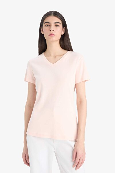 DeFacto Μπλουζάκι με κοντό μανίκι με λεπτή εφαρμογή V-λαιμόκοψη Basic απλό ριμπ μπλουζάκι I1080az25sp