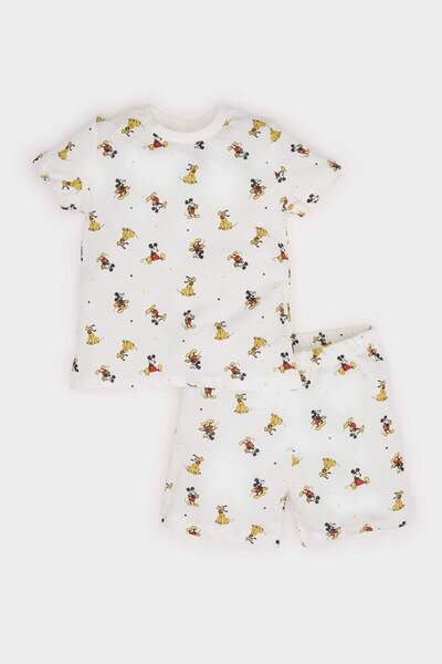 DeFacto Baby Boy Disney Mickey & Minnie Pajama Set Short Sleeve Combed Cotton Top with Elastic Waist Shorts E1185A525Hs