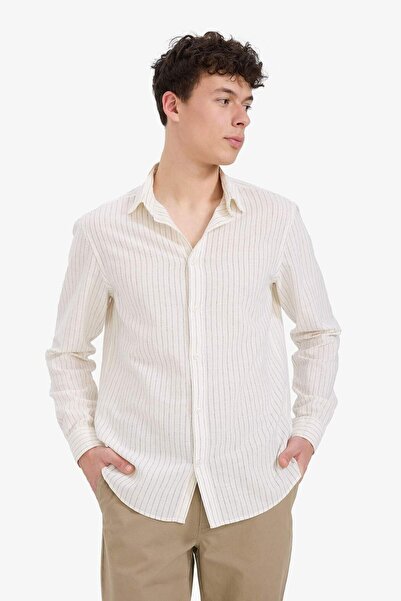 DeFacto Regular Fit Polo Yaka Çizgili Keten Yazlık Uzun Kollu Gömlek E1730AX25SP