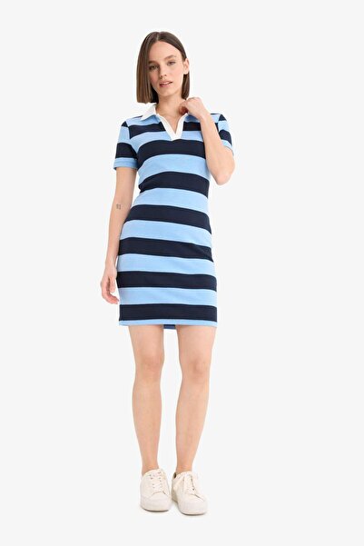 DeFacto Bodycon Vücudu Saran Polo Yaka Çizgili Ribana Kısa Kollu Mini Elbise E5701AX25SP