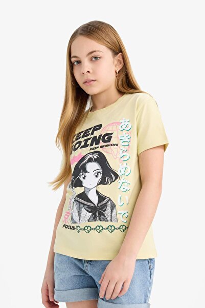 DeFacto Girl's Crew Neck Anime Printed Short Sleeve T-Shirt E0350A825Sm