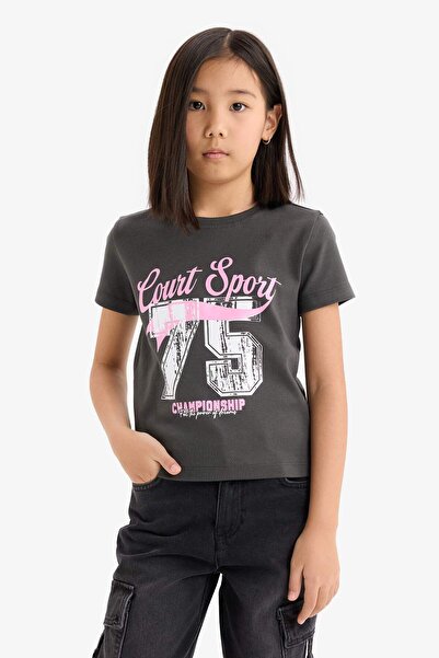 DeFacto Girl's Slim Fit Slim Fit Crew Neck Ribbed Short Sleeve T-Shirt E0366A825Sm