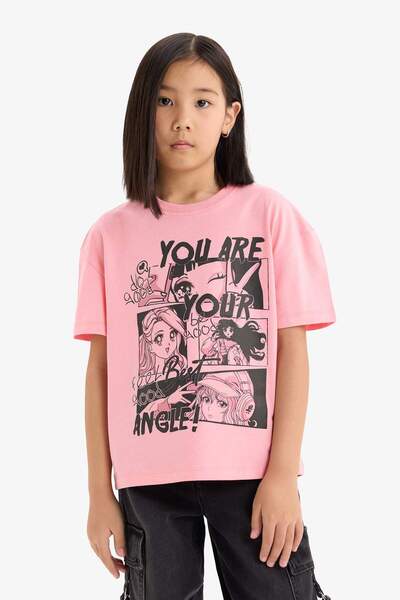 DeFacto Girl's Relax Fit Crew Neck Printed Short Sleeve T-Shirt E0355A825Sm